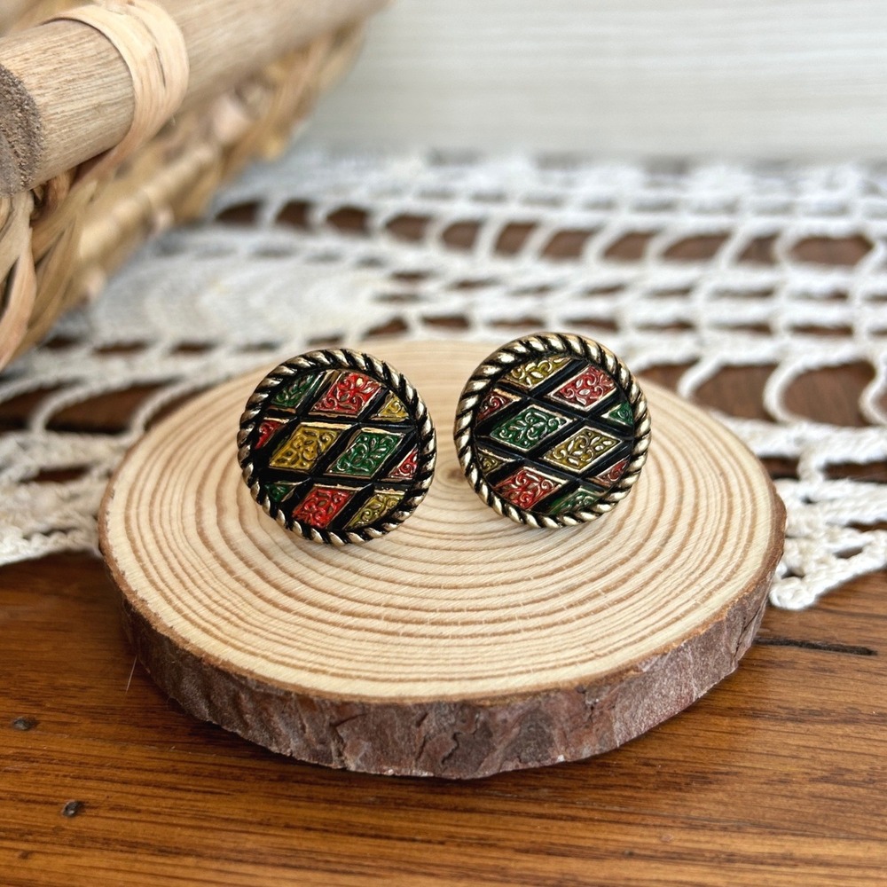 Sarah Coventry Vintage Gold Tone Enamel Harlequin Geometric Cufflinks‎ Round